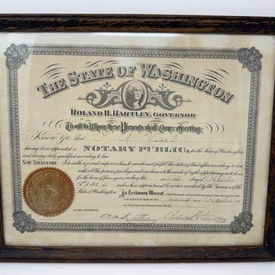 Antique 1934 Notary Public Certificate - Framed & Signed Gov. Hartley	