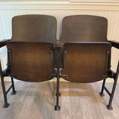 Antique Wood & Metal Double Folding Theater Seats (Set of 2)	