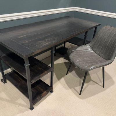Industrial Wood & Metal Desk w/ Shelves + Faux Leather Gray Chair	