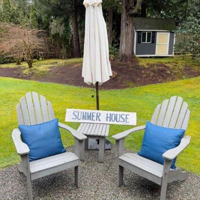Adirondack Patio Set: Chairs, Umbrella, Table & 'Summer House' Sign	