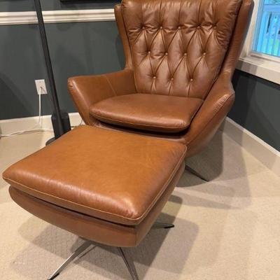 Pottery Barn Wells Leather Swivel Armchair & Ottoman - Brown	