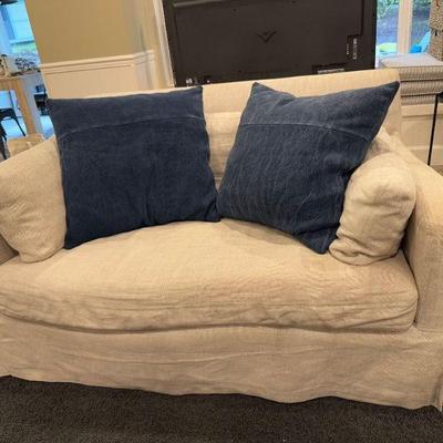 Restoration Hardware Slipcovered Beige Loveseat w/ Accent Pillows	