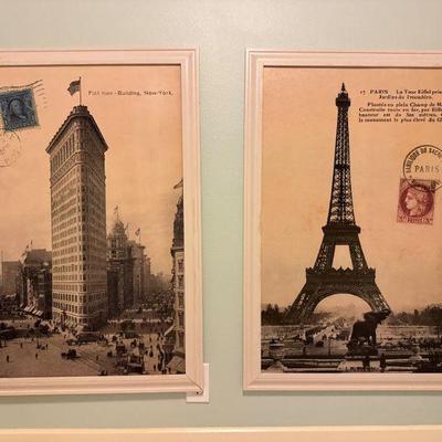 Vintage Travel Postcard Prints: Flatiron Bldg. & Eiffel Tower Wall Art	