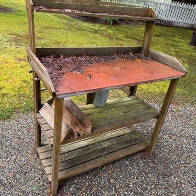 Rustic Wooden Potting Bench w/ Metal Work Surface	