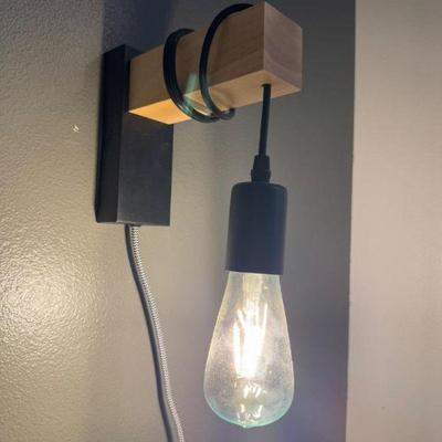Industrial Wood Wall Sconce Lamp – Plug-in Cord & Exposed Bulb Design	