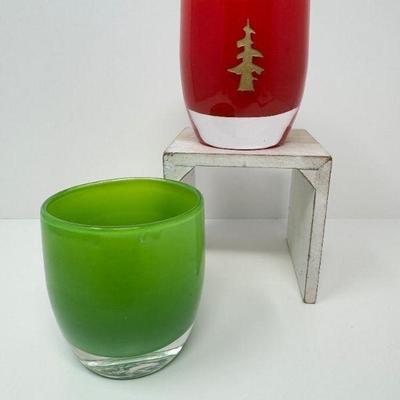 Collectible Glassybaby Red 'Glorious Tree' & Lime Green Votive Holders	