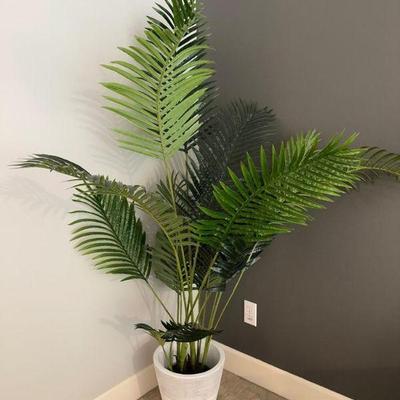 Tall Faux Palm Plant in Modern White Textured Planter	