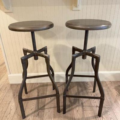 Pair of Industrial Metal Adjustable Swivel Bar Stools	