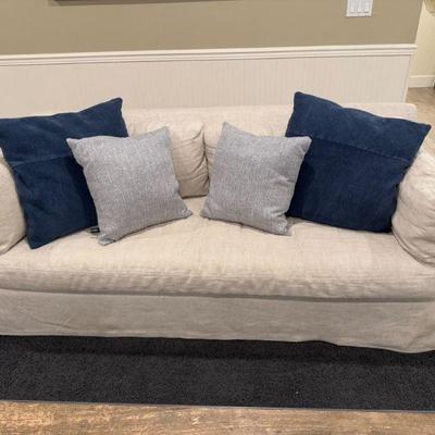 Restoration Hardware Slipcovered Beige Fabric Couch w/ Accent Pillows	