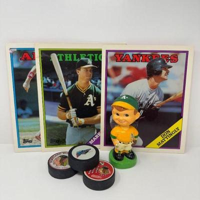 Vintage Sports Collectibles Lot – Bobblehead, Hockey Pucks & Baseball	