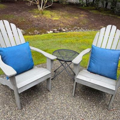 Pair of Adirondack Chairs & Black Mesh Round Patio Table	