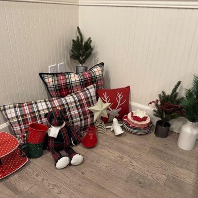 Festive Holiday Décor Lot: Plaid Pillows, Mugs, Dishware, Greenery +	