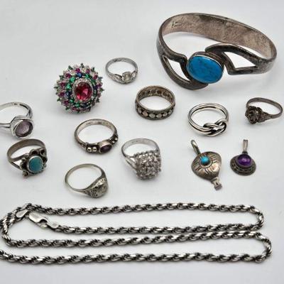 A Couple Dozen Sterling Silver Pieces (Vintage Toby Signed Sterling Silver Mexico Hinged Turquoise Native American Bracelet, Rings,...