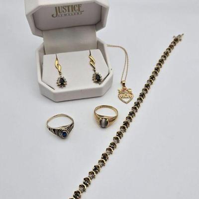 Sale Photo Thumbnail #6: Several10K Gold Pieces (Sapphire Tennis Bracelet & Earrings, Necklace, And Rings)