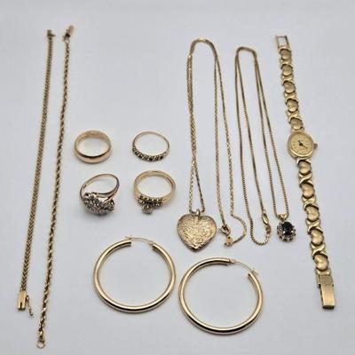 Several Nice 14k Gold Jewelry Pieces (Vintage 14K Solid Gold Bezel & Band Geneve Watch, Diamond Ring, Rings, Bracelets, Necklaces,...