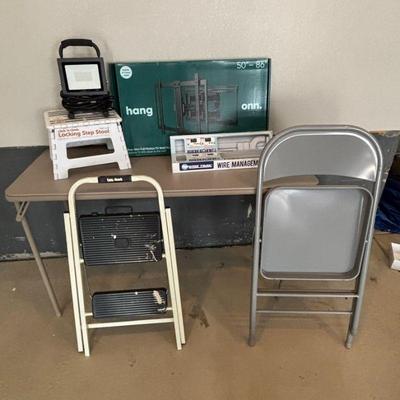 Lot #197 - Auction Lot - 30W LED Work Light, Click N Climb Locking Step Stool, Wire Management Kits, Onn TV Wall & More Mount.