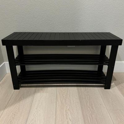 Lot #72 - Black Entryway 3-Tier Bench Shoe Rack with Two Decorative Area Rugs