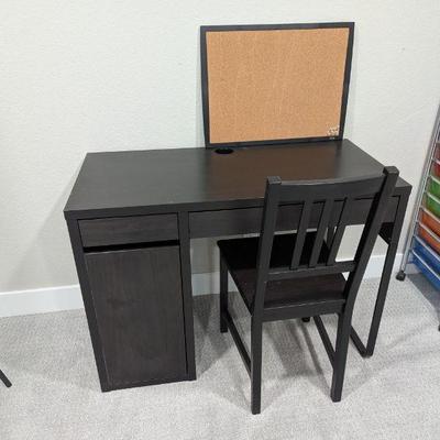 Lot #159 - Modern Black Desk with Chair and Corkboard - Functional Workstation