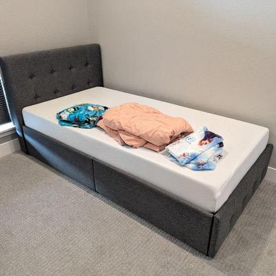 Lot #92 - Grey Upholstered Twin Bed with Storage Drawers - Disney Frozen Sheets & Bedding