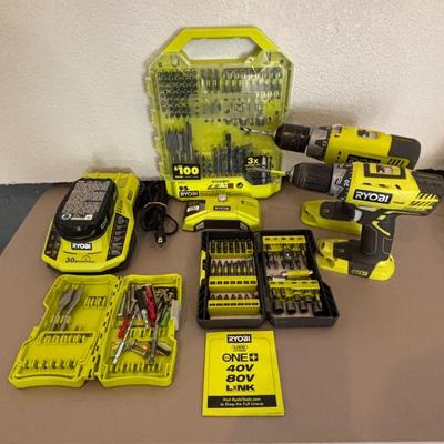 Lot #198 - RYOBI ONE+18V Tool Lot - Drills(P208B & P213), Stud Finder, Battery Charger, and Accessory Sets.