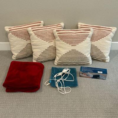 Lot #59 - Home Comfort Lot - Decorative Pillows, Berkshire Blanket, and Heating Pads