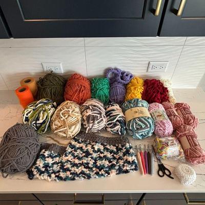 Lot #43 - Crafting Yarn and Tools Lot - Assorted Yarn, Crochet Hooks, Scissors and more.