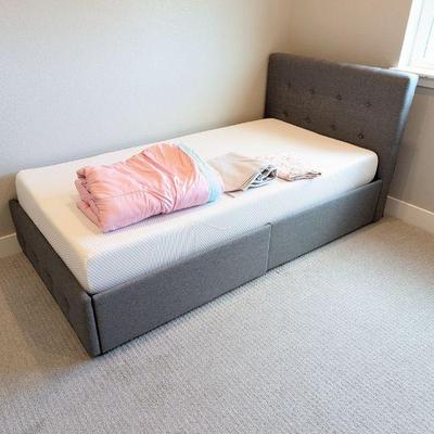 Lot #103 - LIKE NEW Grey Twin Size Platform Bed with Storage Drawers, Mattress, and Bedding Lot
