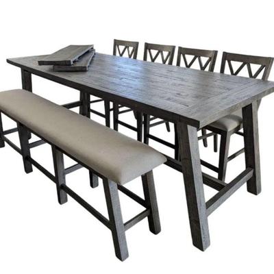 Lot #12 - Jofran Telluride Trestle Extension Dining Table - Driftwood - Plus Bench & 4 Chairs 