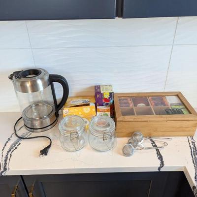 Lot #29 - Tea Lot - Electric Kettle, Tea, Storage Jars & Strainers