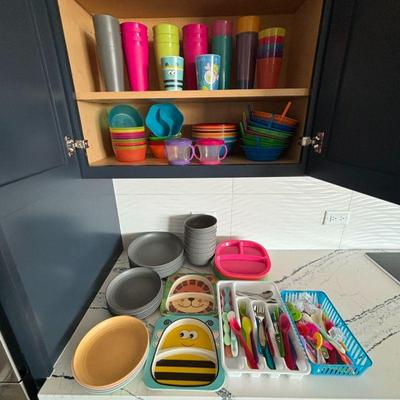 Lot #35 - HUGE Colorful Plastic Kitchenware Lot - Plates, Cups, Bowls, Cutlery & More.
