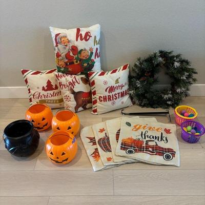 Lot #74 - Holiday Home Decor Lot - Christmas/Thanksgiving Pillows, Halloween Treat Buckets & More