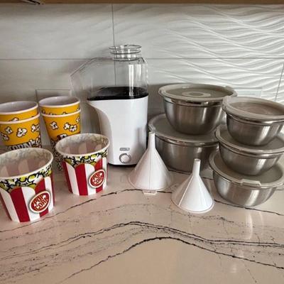Lot #22 - Kitchen Lot- Dash Popcorn Maker, FineDine Metal Mixing Bowls, Cups & Funnels.