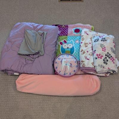 Lot #94 - Children's Bedding and Accessories Lot - Blankets, Pillow, and Unicorn Clock.