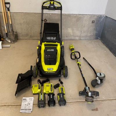 Lot #207 - Ryobi 40V HP Brushless Lawn Mower(RY401018) and "Expand It" String Trimmer Lot -Batteries & Accessories