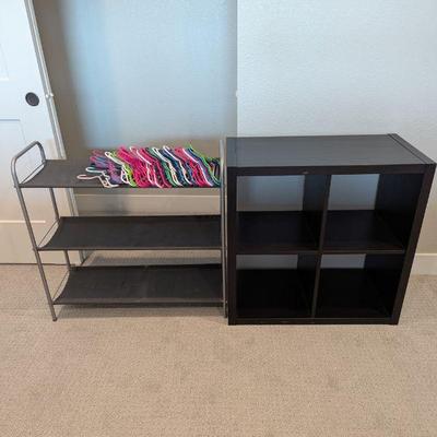 Lot #93 - Home Organization Lot - Shoe Rack and Black Storage Cube with Hangers.