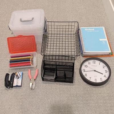 Lot #174 - Office Supplies Lot - Storage Bins, Stationery, Clock, and More.