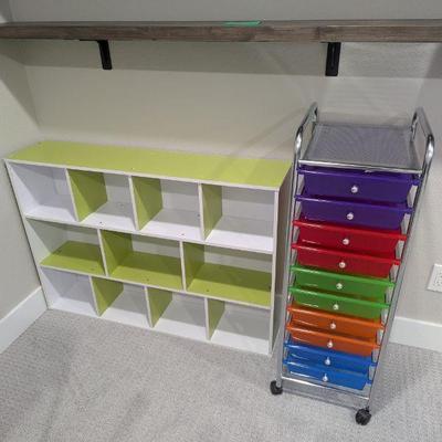 Lot #160 - Storage Unit Lot - Colorful Drawer Cart and Shelving Unit.