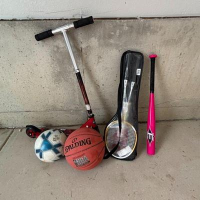 Lot #186 - Sports Equipment Lot - Easton Bat, Spalding Basketball, Puma Soccer Ball, Star Wars Scooter, Yonex Badminton