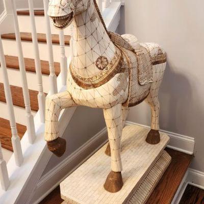 Vintage Bohemian Moroccan Tessellated Bone Tile Large Horse