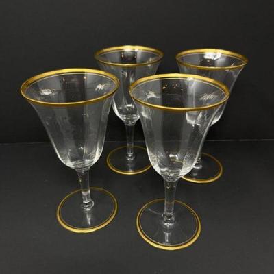 5 Gold Rimmed Optic Crystal Water Goblets – Tiffin Style	