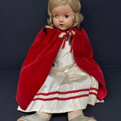 Antique Composition Doll – Blonde Curls & Red Velvet Cape	