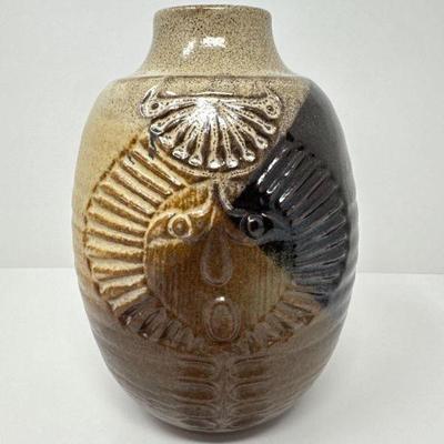 Stoneware Pottery Craft Vase - Sun Lion Face, Earth Tone Glaze	