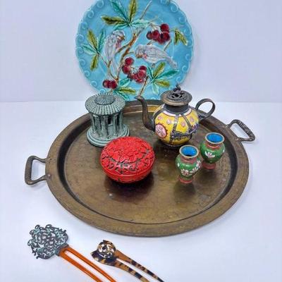 Asian influence - Tibetan Porcelain Teapot, Cinnabar Trinket Box +	