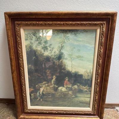 Antique ‘Crossing’ Print in Ornate Gold Vintage Wood Frame	