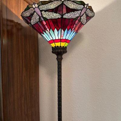 Vintage Dragonfly Tiffany-Style Stained Glass Torchiere Floor Lamp	