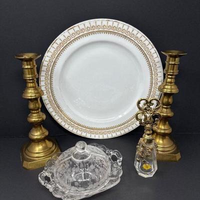 Limoges France Hand-Painted Dinner Plate, Brass Candlesticks, & More	