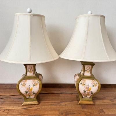 Vintage Floral Ceramic Table Lamps w/ Gold Accents, Classic Bell Shade	
