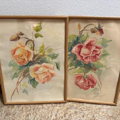 Vintage Rose Watercolor Paintings (Pair) - Signed Francine	