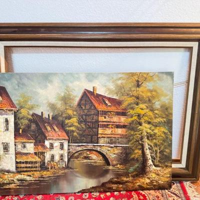 Large Signed Original Oil Painting on Canvas – European Village Scene	