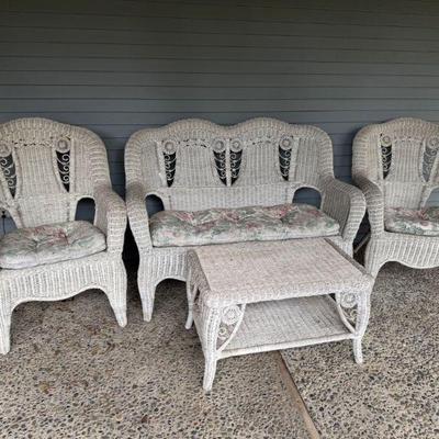 Vintage Wicker Patio Set – Loveseat, Chairs & Table w/ Cushions	